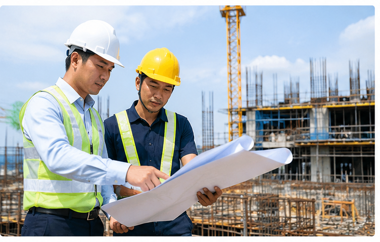 Chỉ huy trưởng công trình kiểm tra bản vẽ thi công