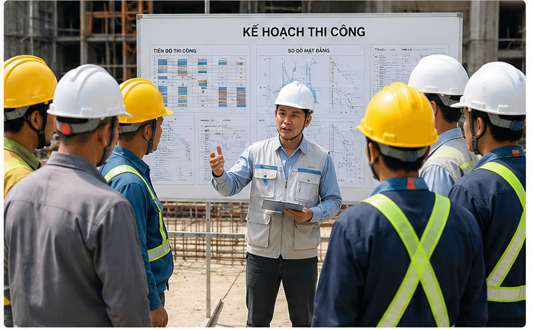 Chỉ huy trưởng giao việc cho công nhân tại công trường