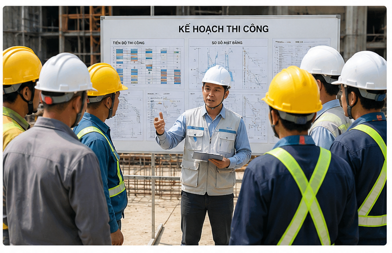 Chỉ huy trưởng giao việc cho công nhân tại công trường